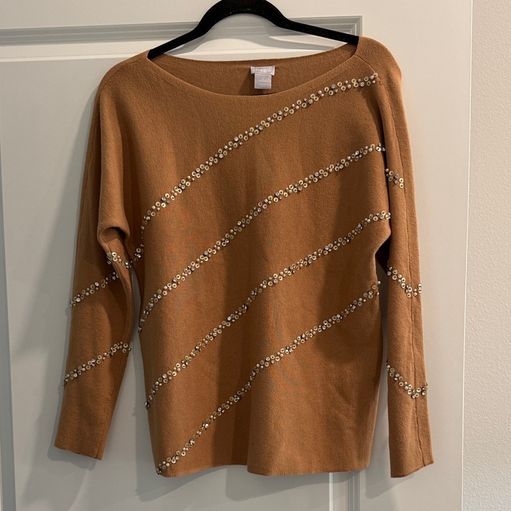 Chicos Embellished Tan Sweater sz s